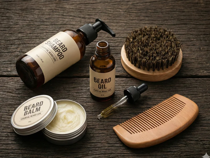 Homme appliquant sa routine barbe complète devant le miroir le matin