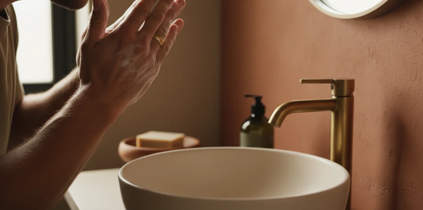 Homme appliquant un gel nettoyant moussant sur son visage, mousse légère dans une salle de bain masculine