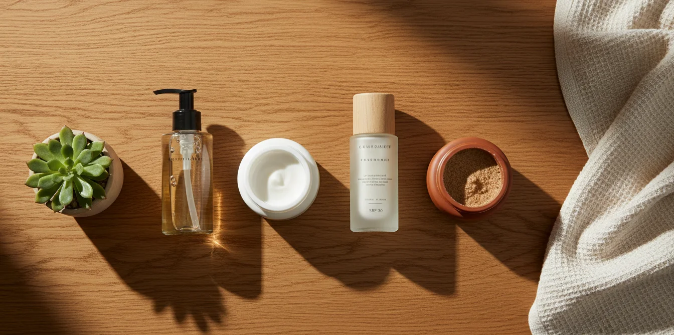 Vue du dessus d'une routine soin visage printemps minimaliste pour homme : gel nettoyant, gel hydratant, fluide SPF et exfoliant sur surface en bois