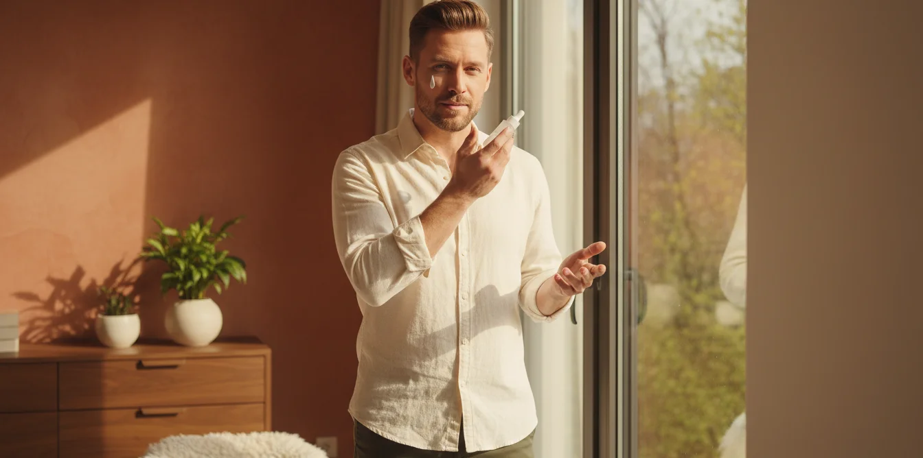 Homme appliquant un fluide solaire léger près d'une fenêtre avec la lumière printanière