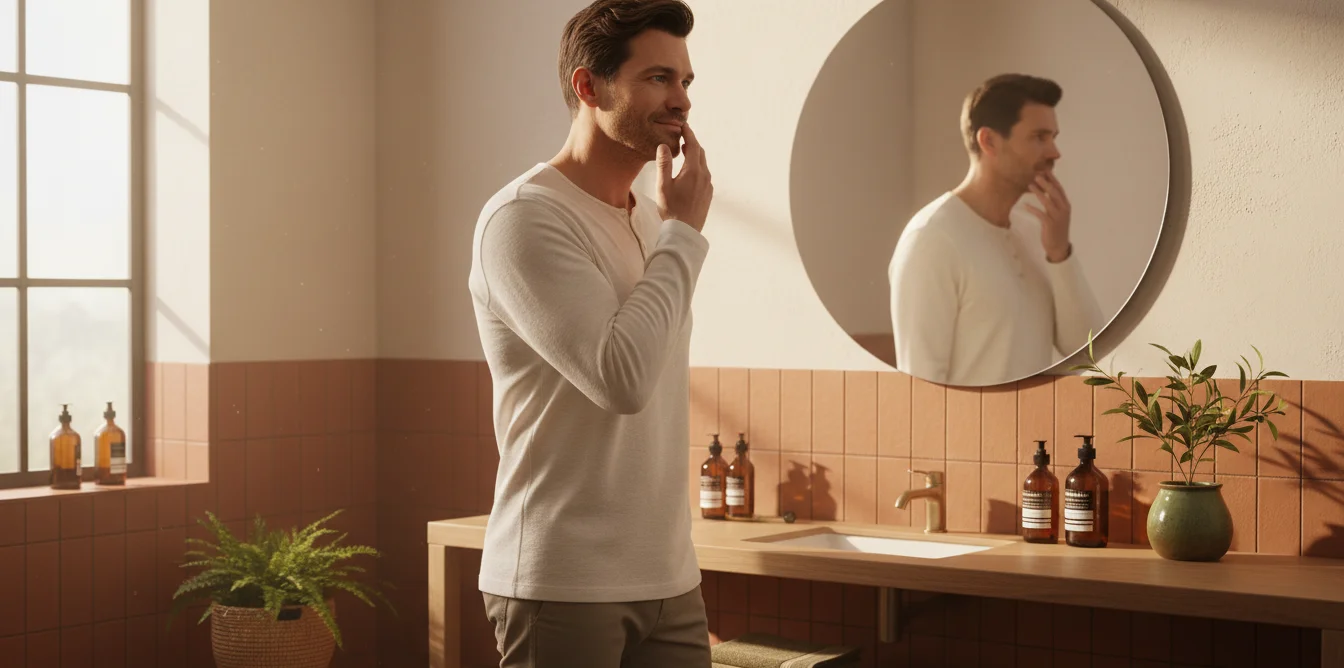 Homme devant son miroir de salle de bain au printemps, observant sa peau en lumière naturelle matinale