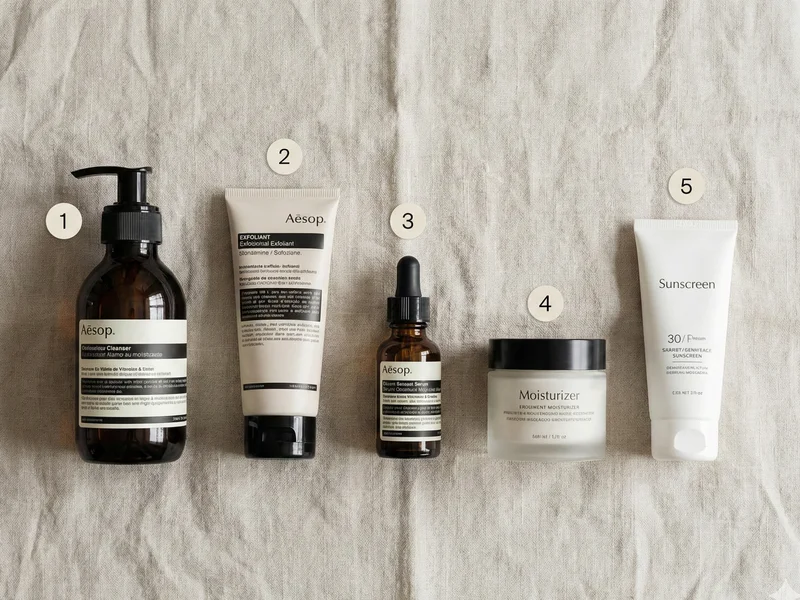 Flat-lay de 5 produits de soin visage homme numérotés : nettoyant, exfoliant, sérum, hydratant, SPF