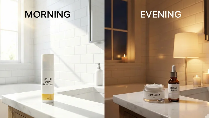 Comparaison routine matin avec SPF et routine soir avec crème de nuit et sérum