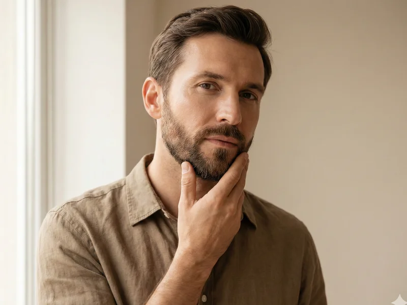 Portrait homme avec peau saine et hydratée touchant sa mâchoire