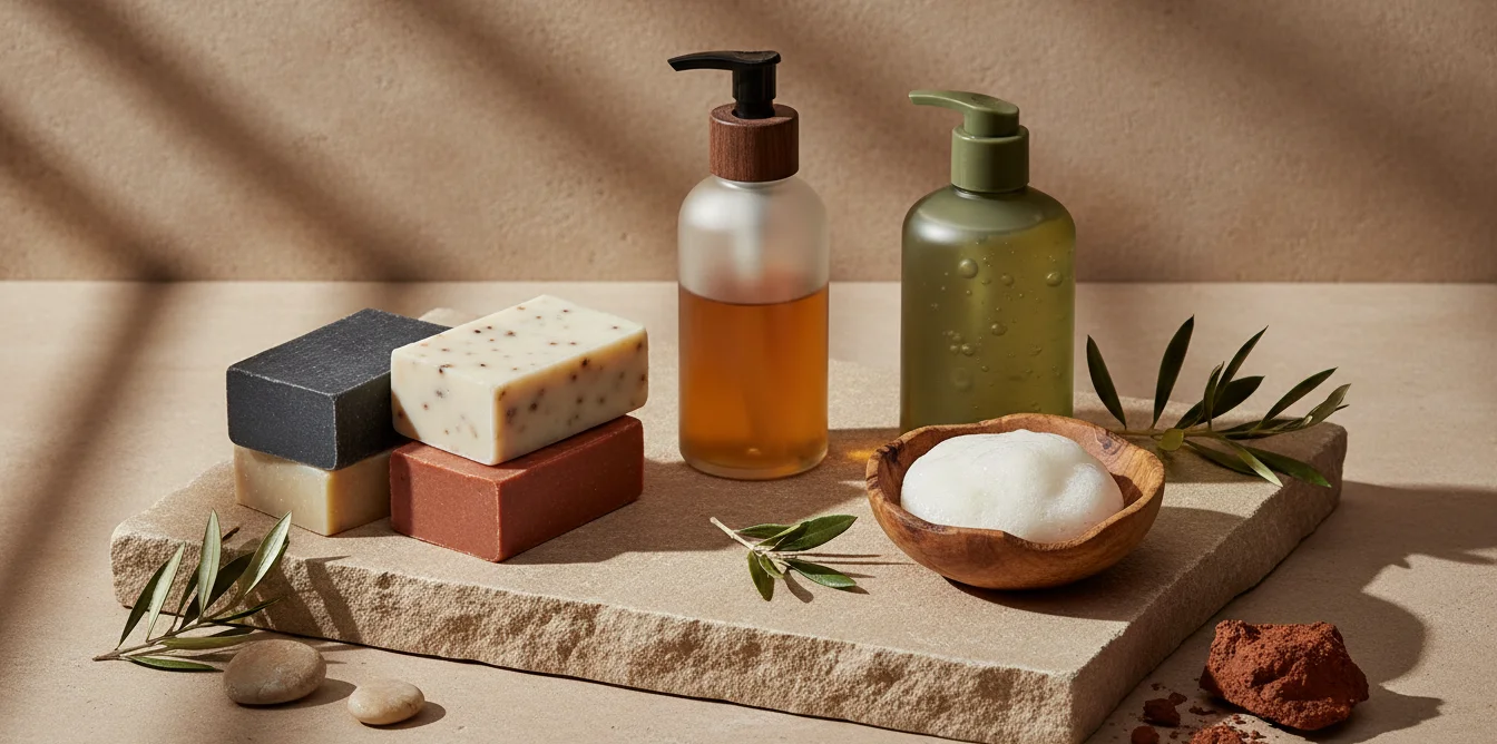 Différents types de savons pour homme : barre solide, gel douche et pain dermatologique