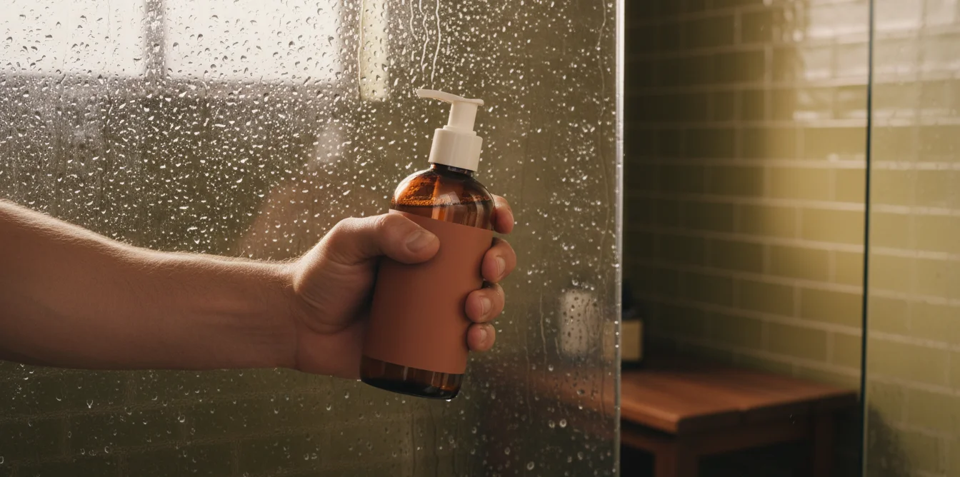 Main masculine tenant un flacon pompe de gel intime dans une douche moderne