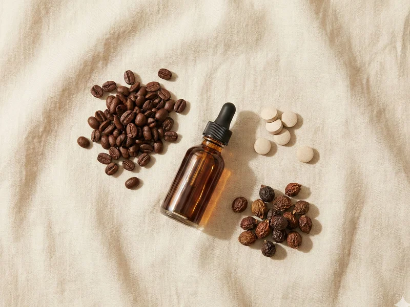 Ingrédients anti-chute : grains de café, sérum, comprimés de zinc et baies de saw palmetto