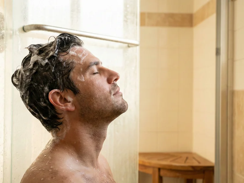 Homme massant son cuir chevelu sous la douche pour activer la microcirculation