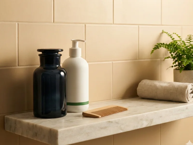 Deux flacons de shampoing anti-chute et un peigne en bois sur une étagère en marbre