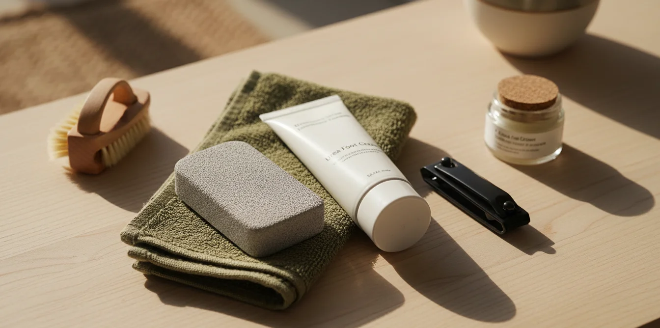Kit de soin des pieds homme : pierre ponce, crème à l'urée, coupe-ongles et serviette sur surface en bois