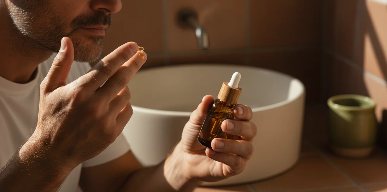 Homme appliquant un sérum naturel huile sur le visage avec un flacon compte-gouttes