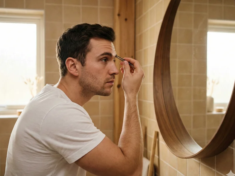 Homme entretenant ses sourcils à la pince devant un miroir de salle de bain