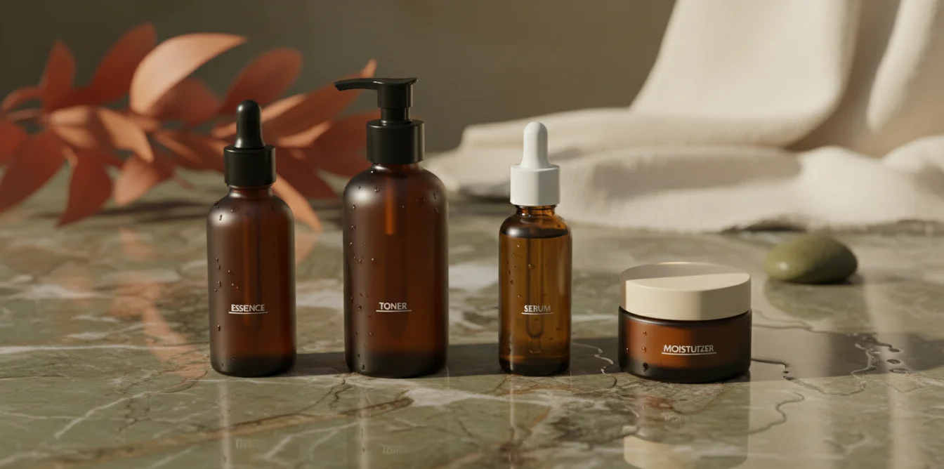Produits skincare de layering coréen disposés en ordre sur une surface en marbre humide