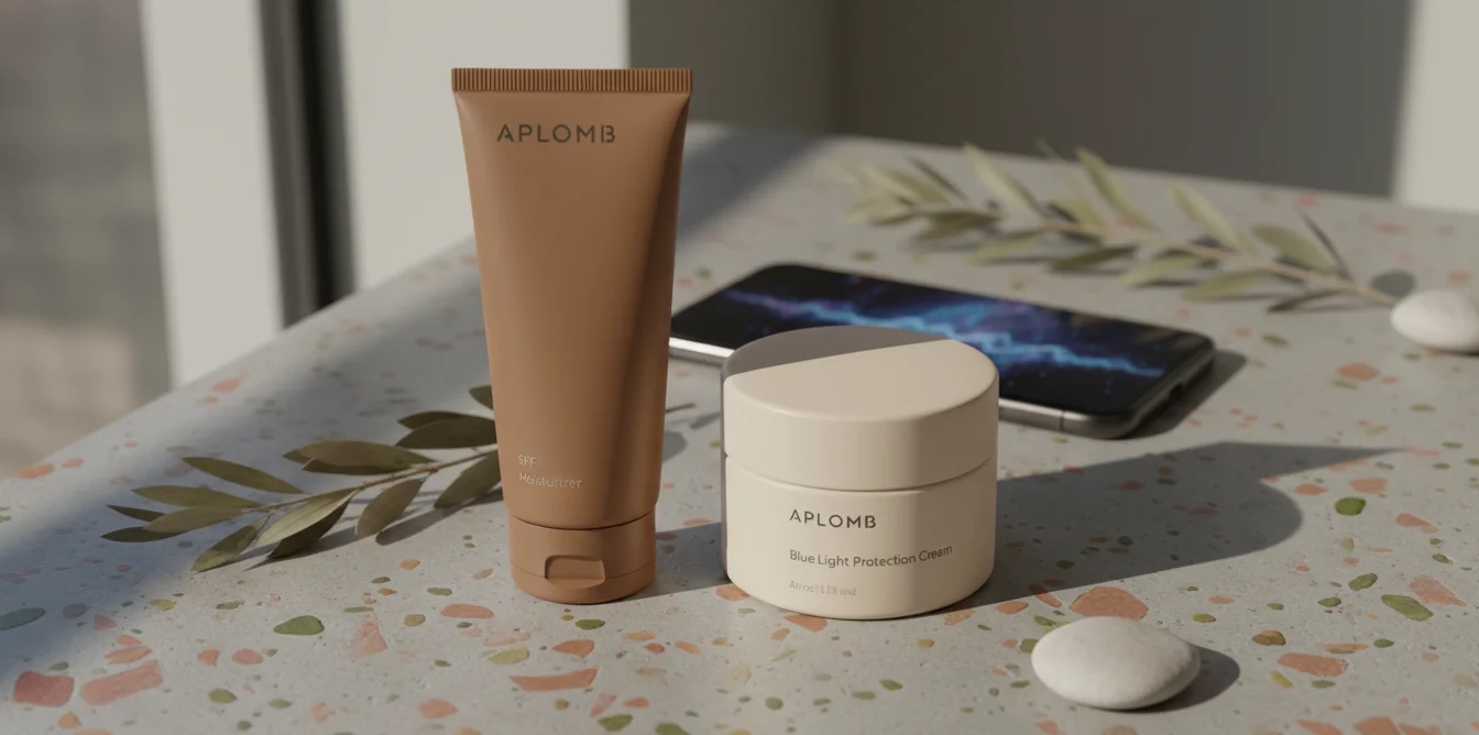 Crème hydratante SPF et produit anti-lumière bleue sur une surface avec smartphone en arrière-plan