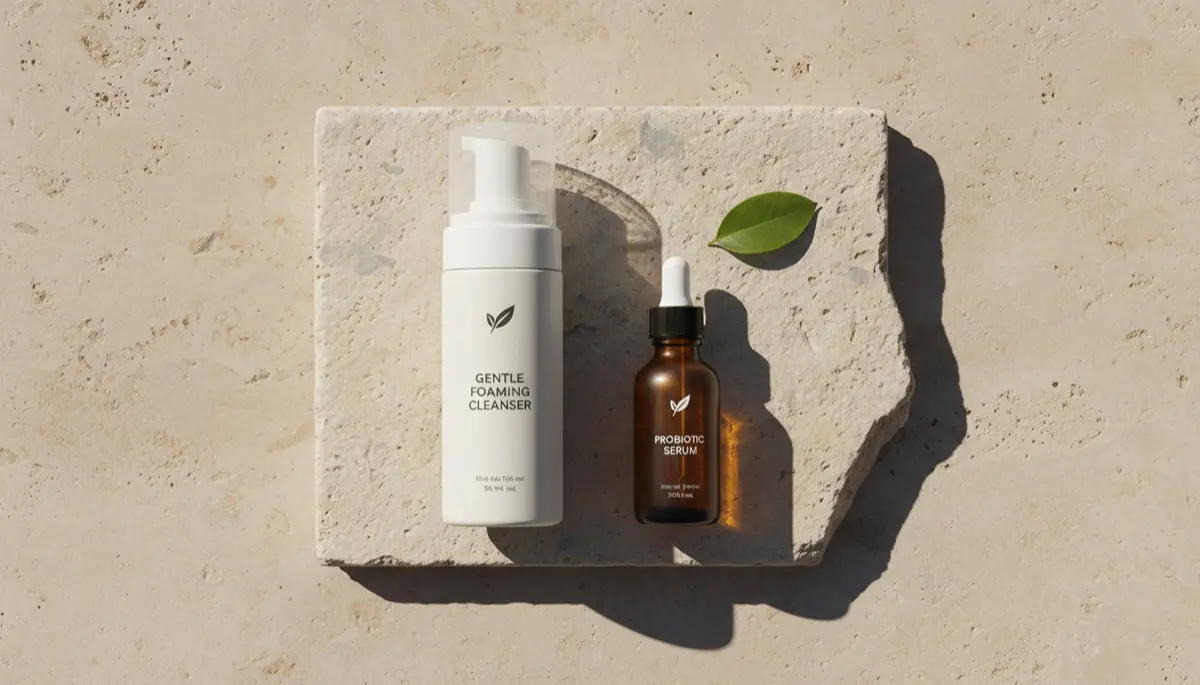 Nettoyant doux et sérum probiotique sur surface en pierre naturelle, ambiance minimaliste