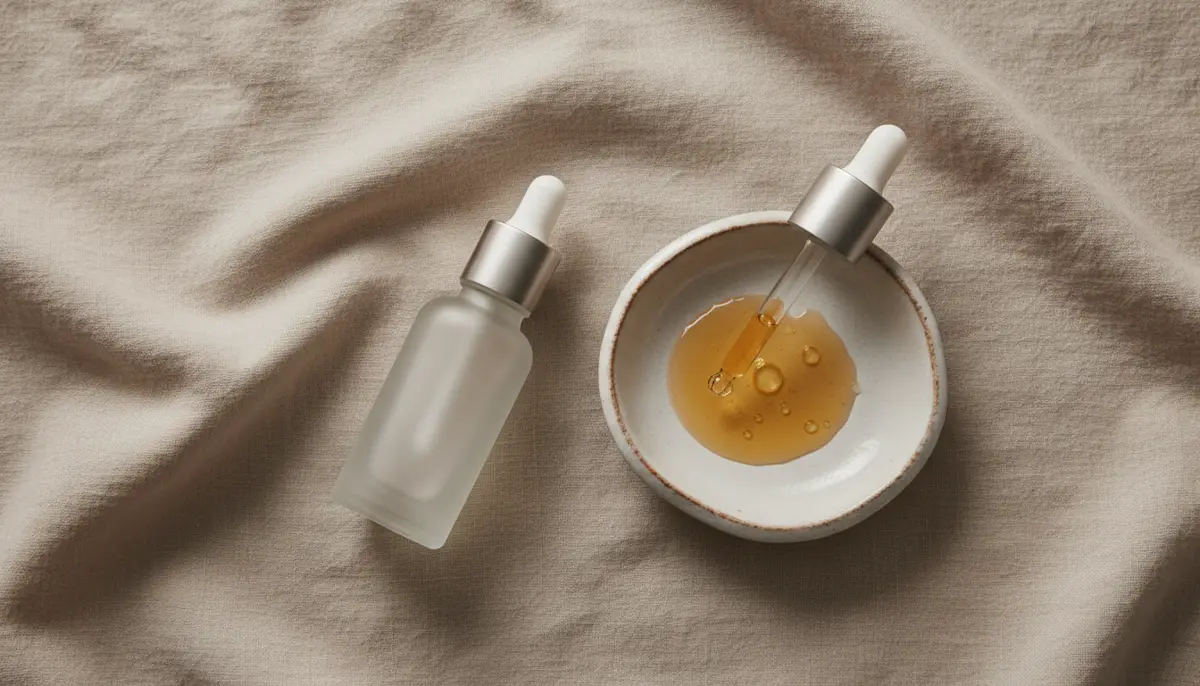 Sérum aux peptides doré dans un flacon compte-gouttes sur surface en lin beige