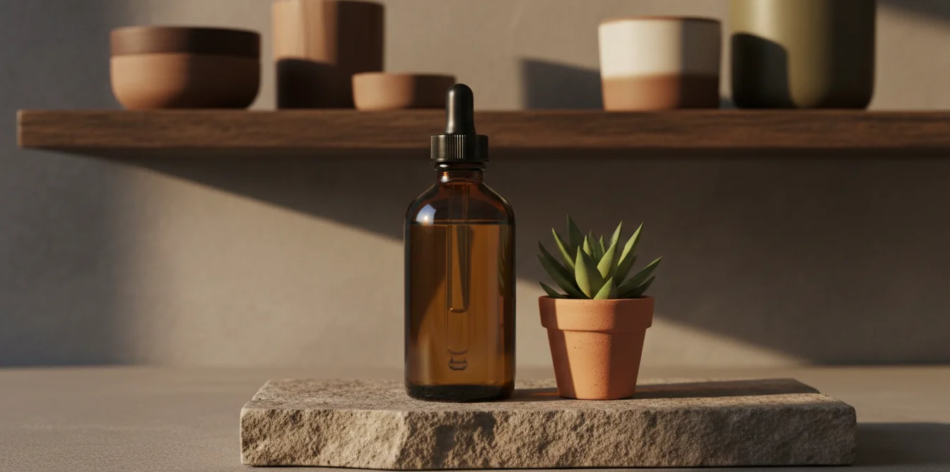Flacon compte-gouttes de sérum au rétinol sur plateau en pierre, lumière dorée du soir