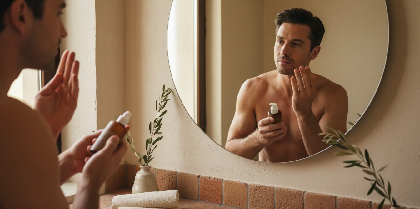 Homme appliquant un seul produit multifonction sur le visage dans la salle de bain