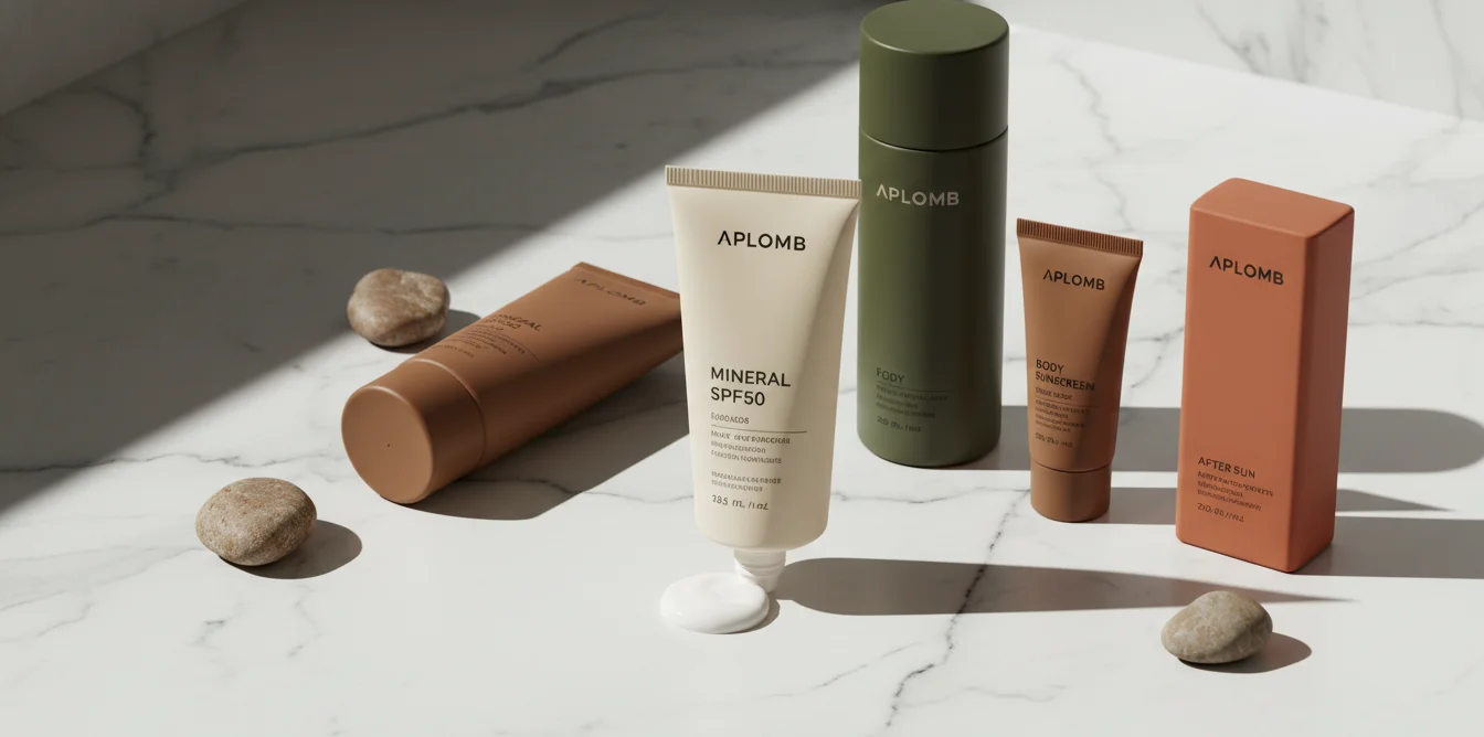 Tubes et flacons de crème solaire SPF50 sur surface en marbre blanc, style éditorial minimaliste