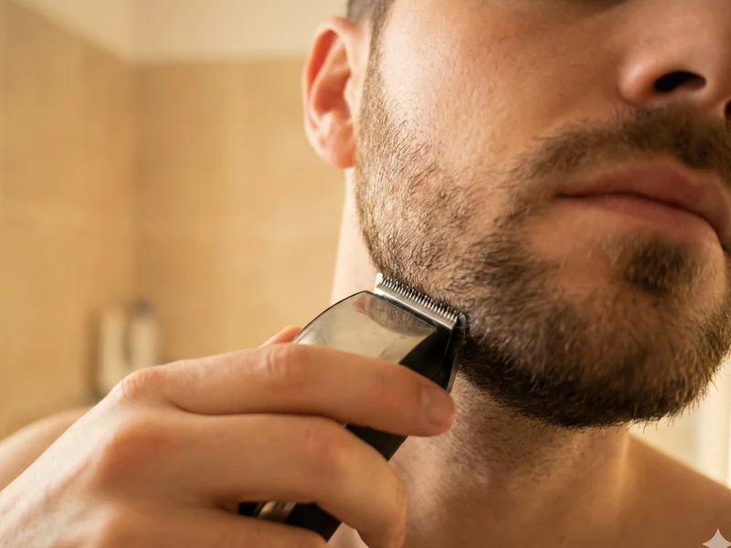 Gros plan d'une lame de tondeuse barbe en action sur la mâchoire