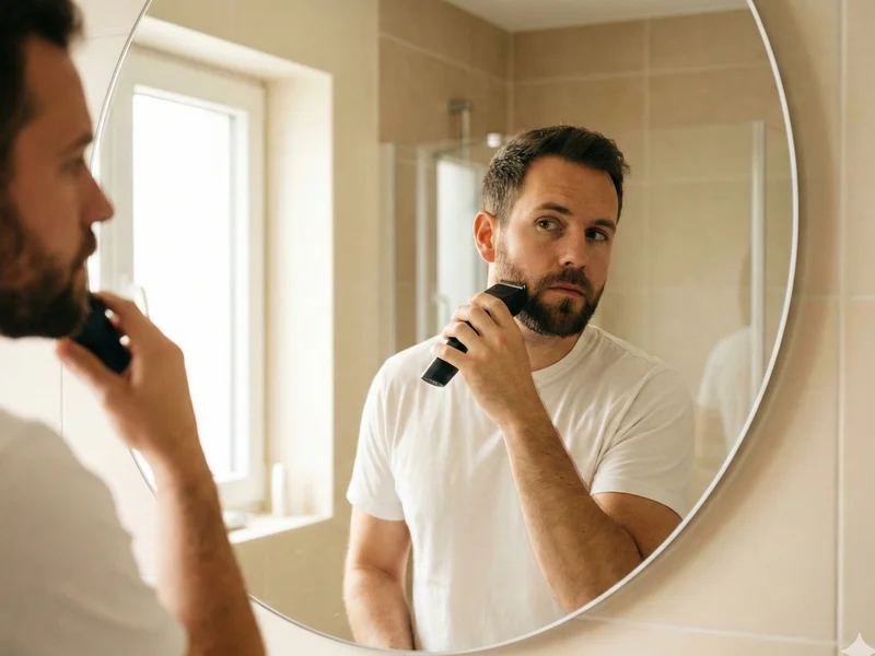 Homme taillant sa barbe devant un miroir rond avec une tondeuse